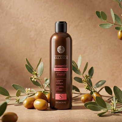 Shampoo Ambientato in uno sfondo giallo/dorato con elementi naturali decorativi